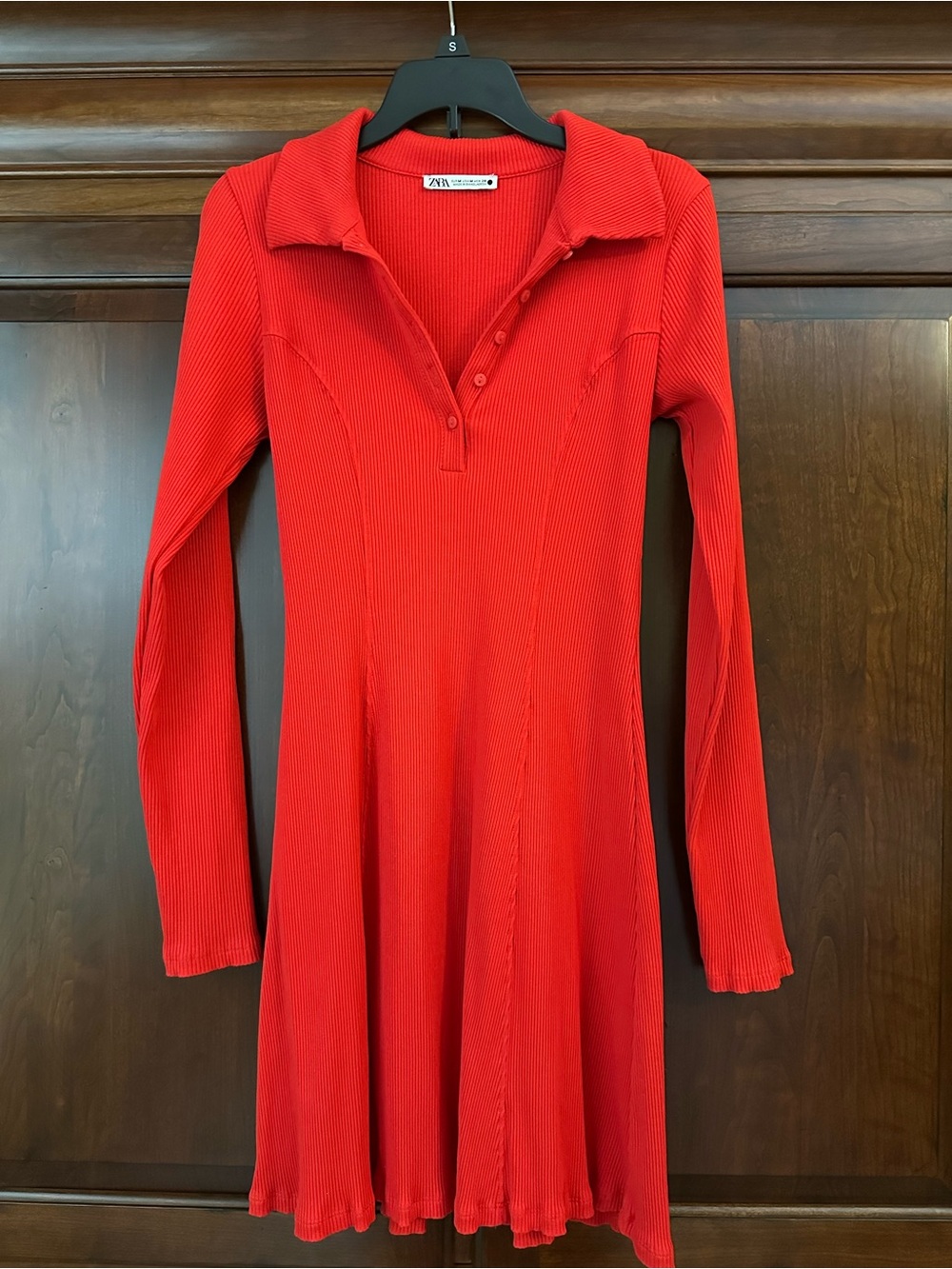 Zara Red Ribbed Long-Sleeve Polo Dress